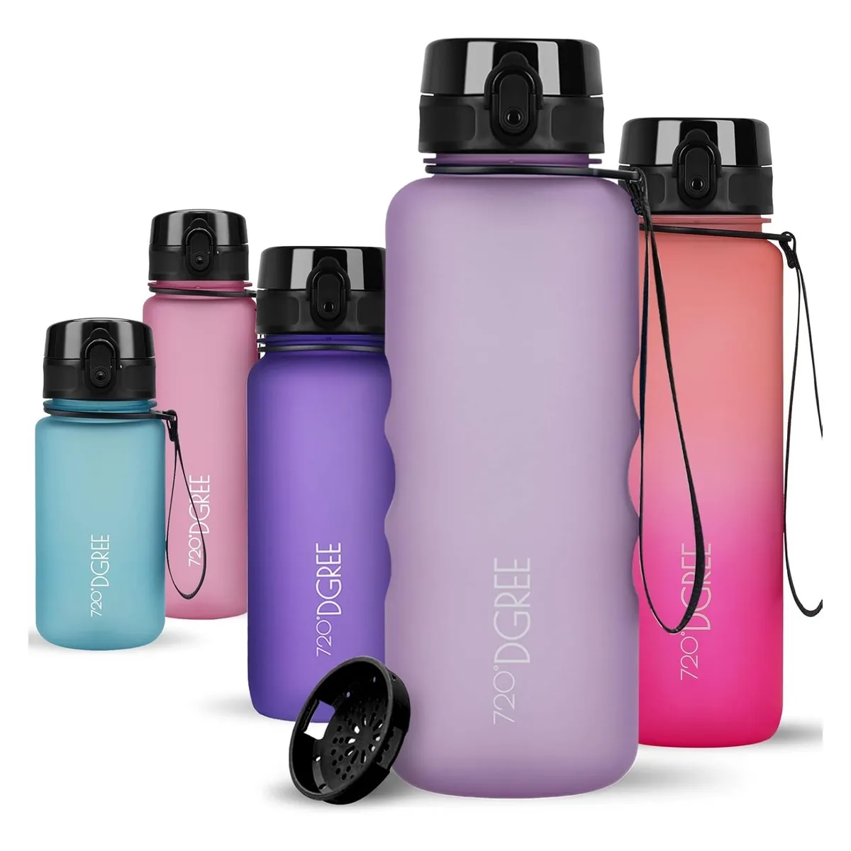 Botellas 720°DGREE uberBottle en varios colores, con cierre negro, correa y tamiz para fruta