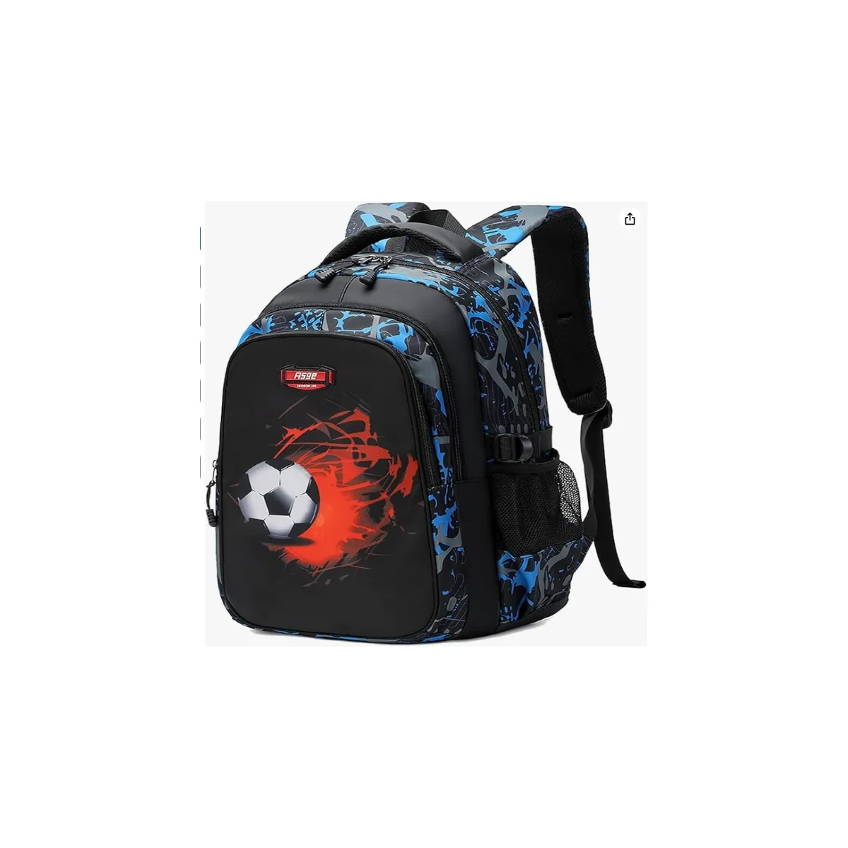 Mochila escolar Asge azul y negra con motivo de fútbol, varios compartimentos y bolsillo lateral de rejilla