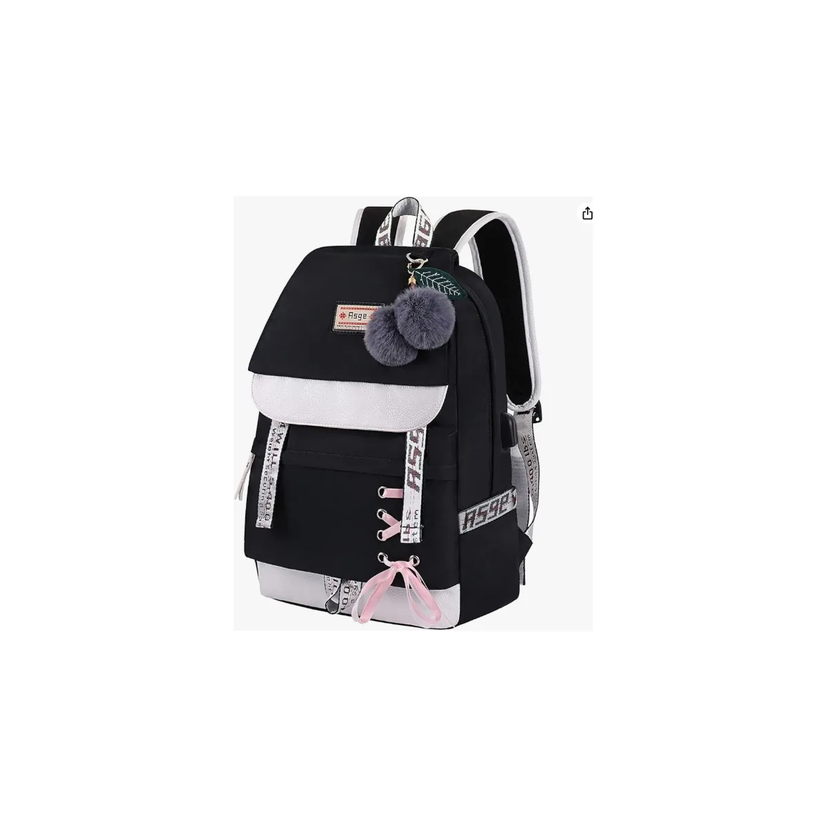 Mochila escolar Asge negra y blanca con detalles rosas, pompón decorativo, varios compartimentos y correas acolchadas