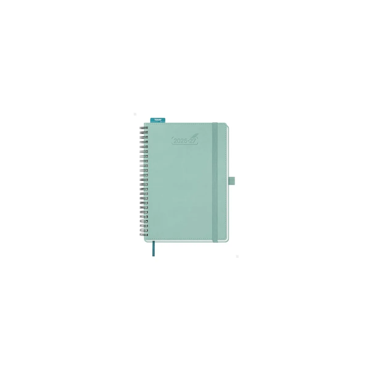 Agenda escolar BEZEND 2026–2027 verde menta, formato A5 vertical, con espiral lateral y cierre elástico