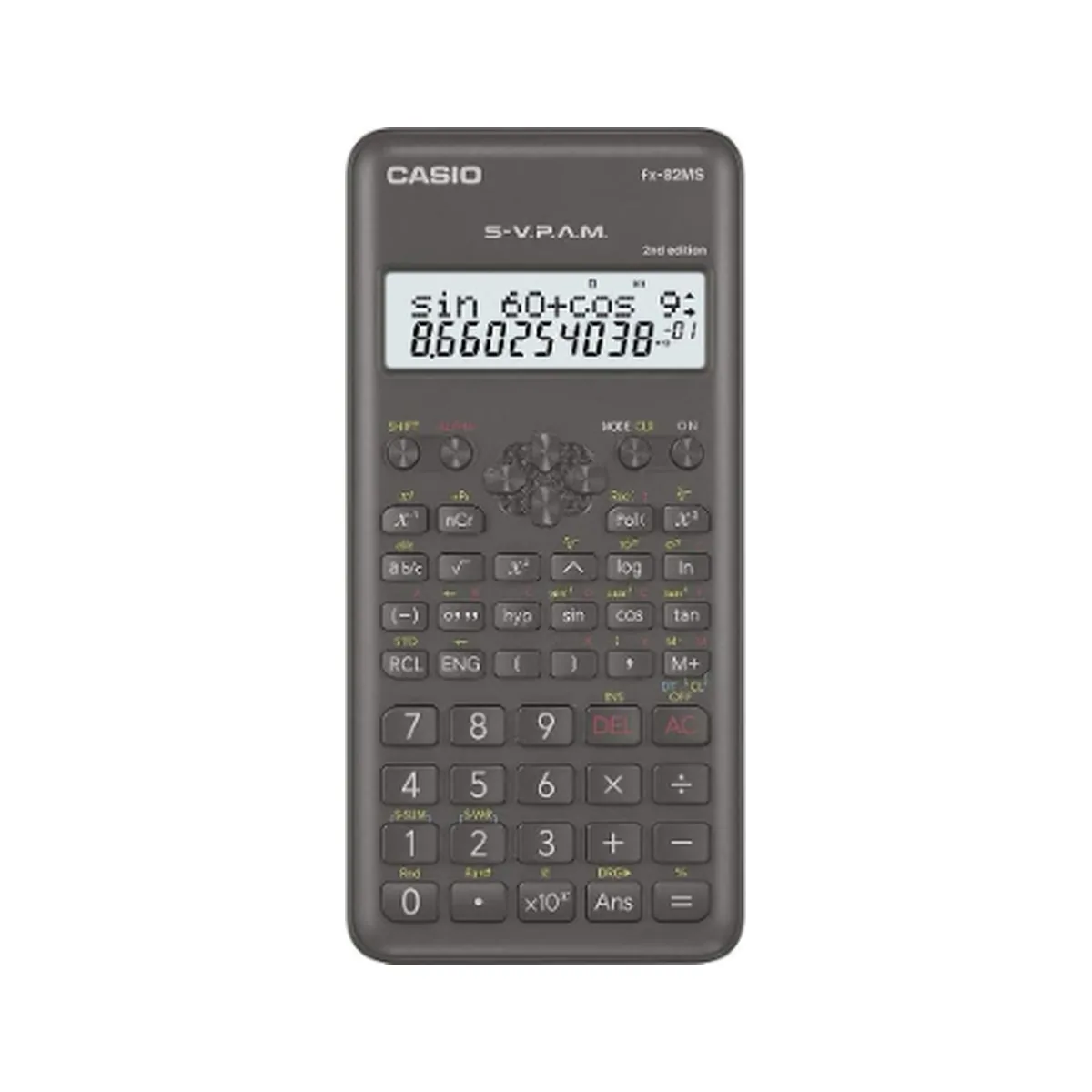Calculadora científica Casio FX-82MS-2 de color gris oscuro con pantalla de dos líneas y funda rígida