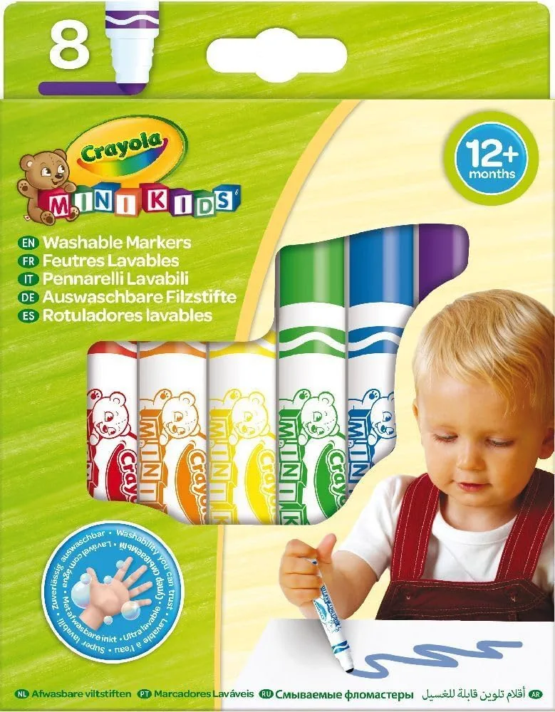 Caja Crayola Mini Kids con ocho rotuladores lavables multicolor y demostración de dibujo infantil