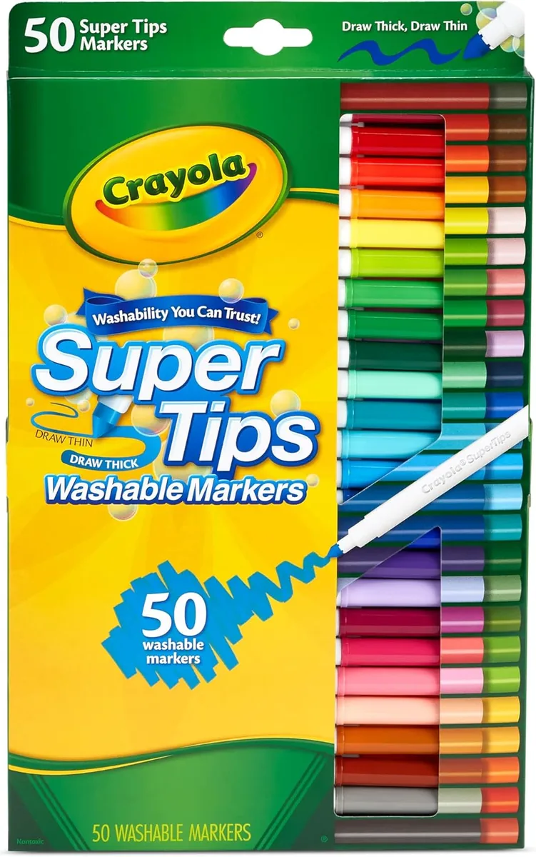 Caja CRAYOLA Super Tips con cincuenta rotuladores lavables de colores y punta para trazos finos y gruesos