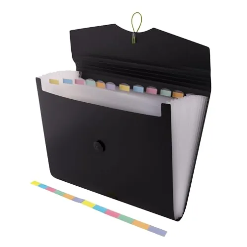 Organizador D.RECT negro para documentos A4 con 12 bolsillos expandibles y separadores de colores