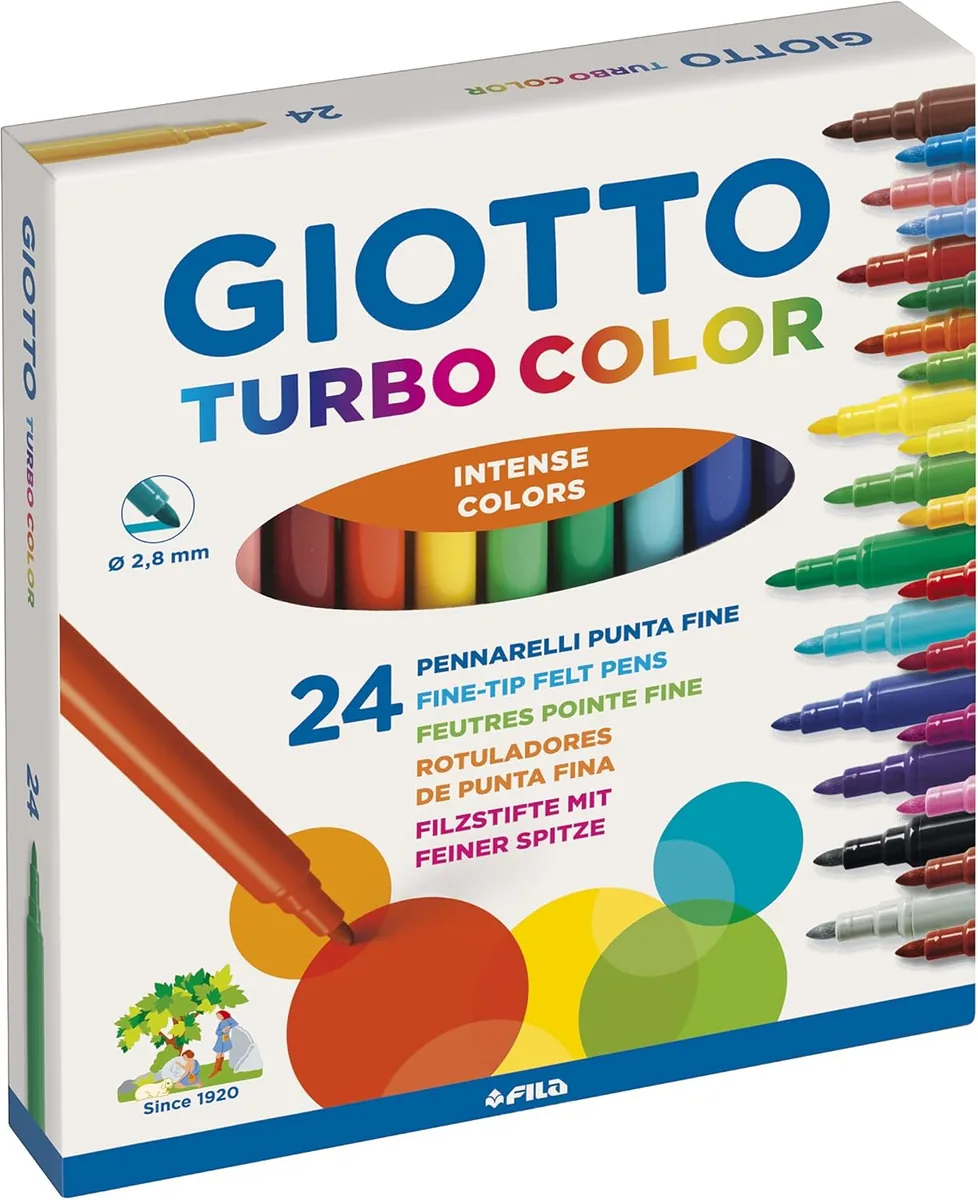 Caja GIOTTO Turbocolor con veinticuatro rotuladores de colores surtidos y punta fina de 2,8 milímetros