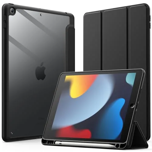 Funda JETech color marino profundo para iPad de 10,2 pulgadas, con tapa tríptica y parte trasera transparente