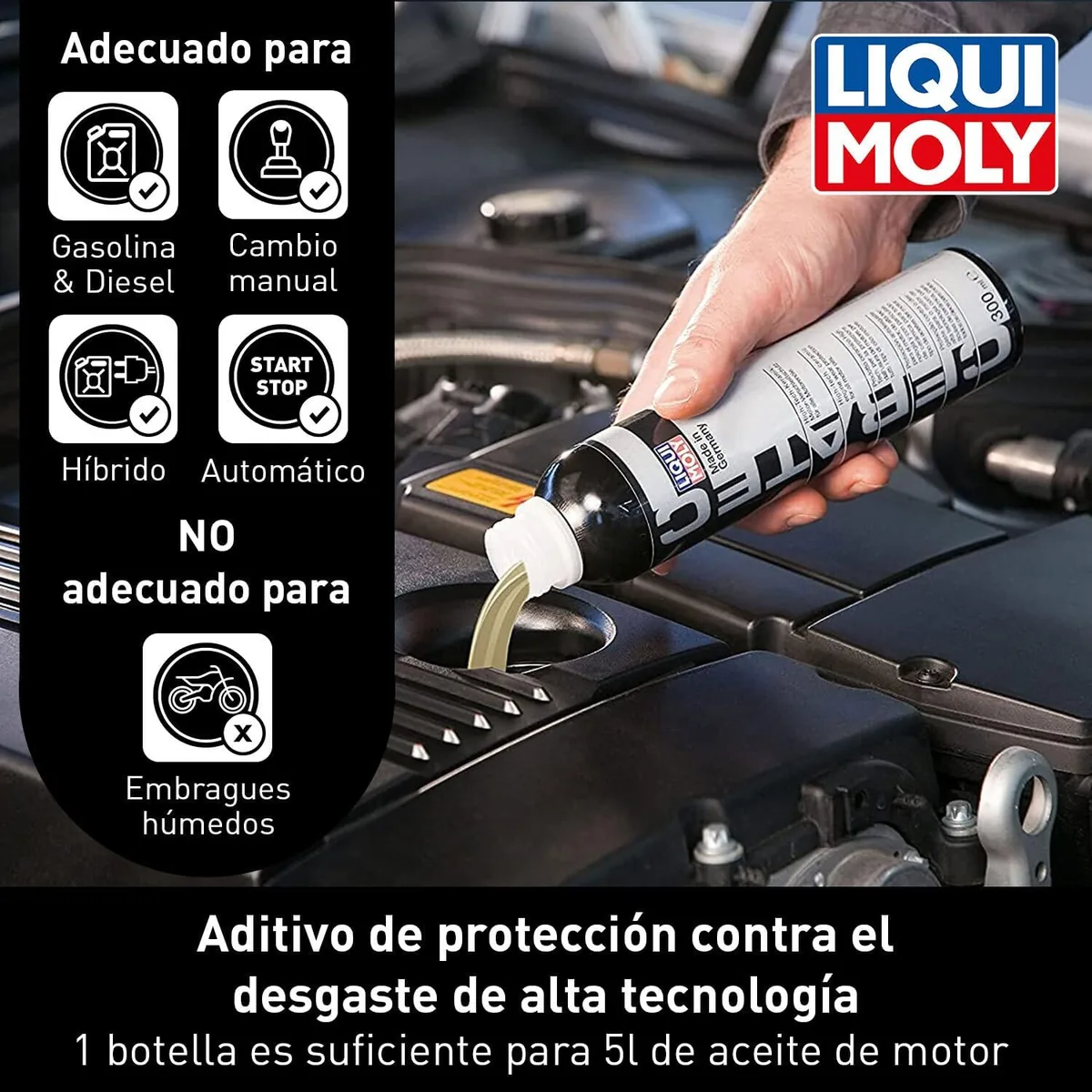 Aplicación de LIQUI MOLY Cera Tec en el aceite del motor y compatibilidades indicadas