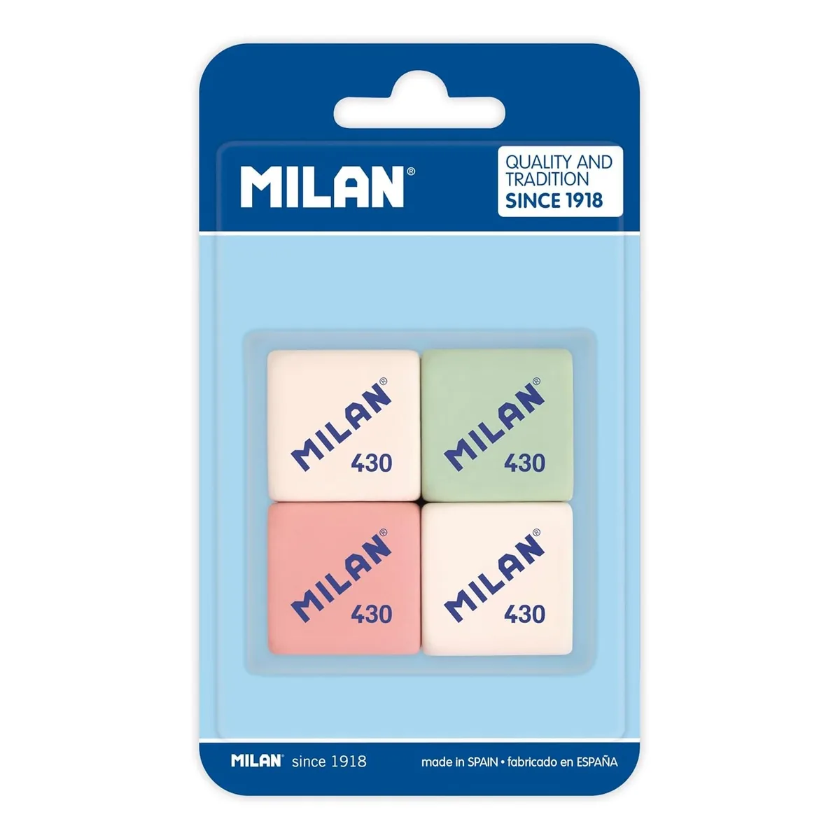 Blíster MILAN 430 con cuatro gomas de borrar rectangulares en colores pastel