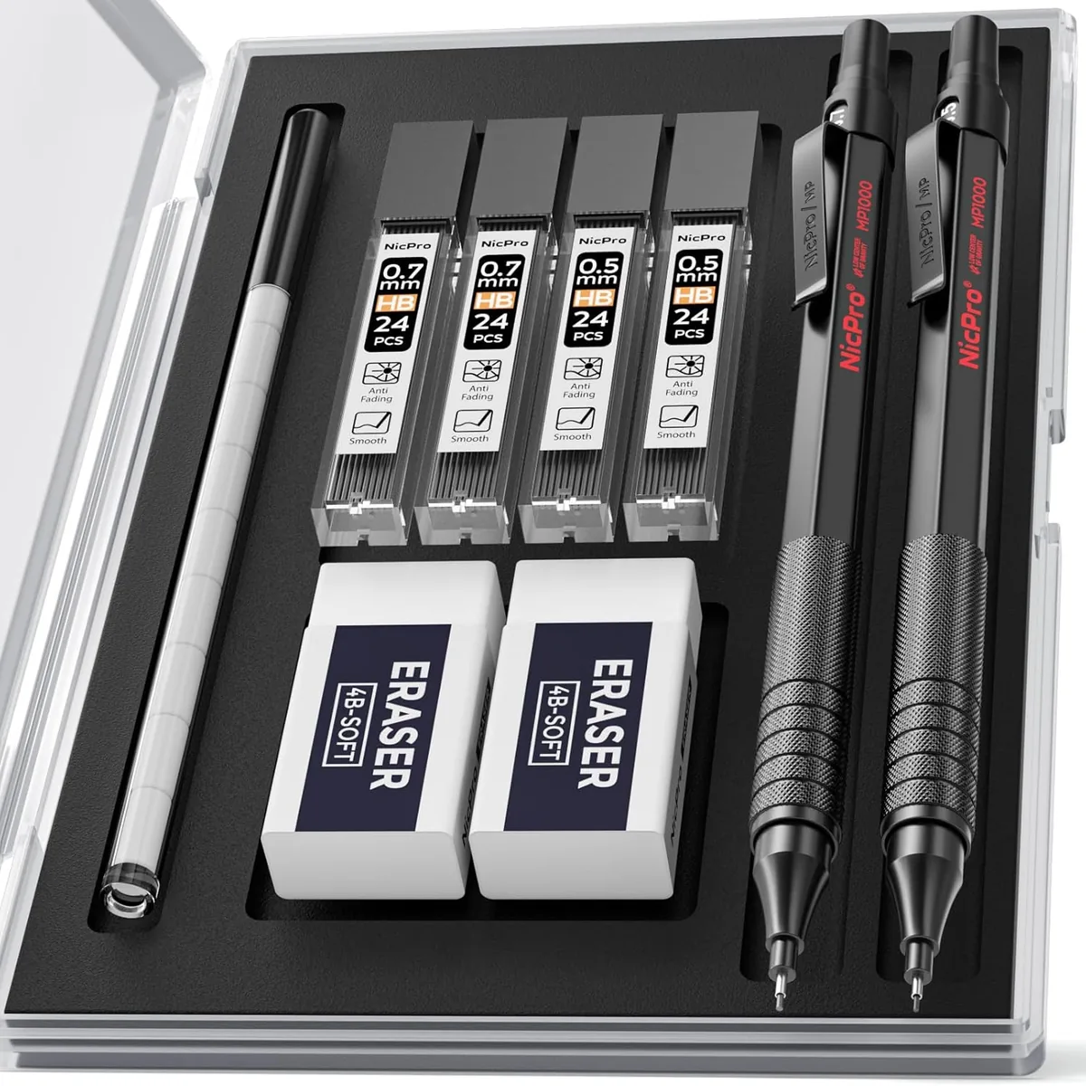 Set Nicpro negro con dos portaminas metálicos, cuatro tubos de minas HB y dos gomas de borrar