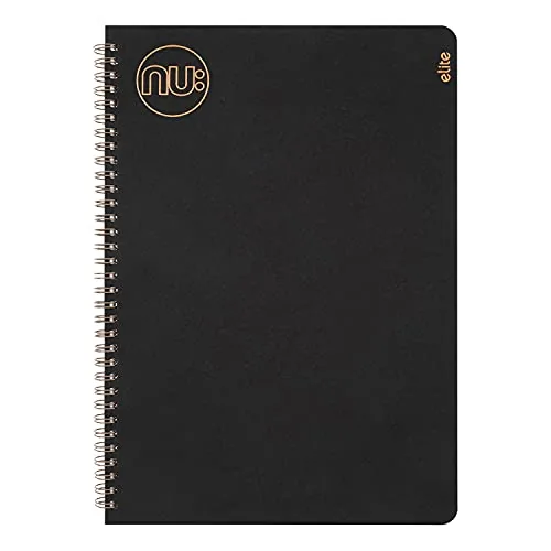 Cuaderno Nu Elite A4 negro con encuadernación metálica, papel rayado y medidas aproximadas de 29,7 por 21 centímetros