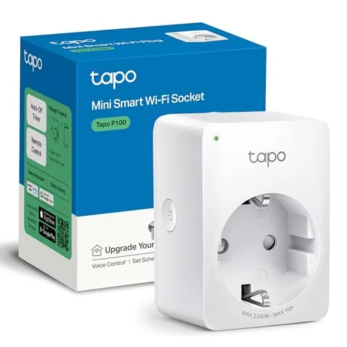 Imagen del enchufe inteligente TP-Link Tapo P100 con su caja