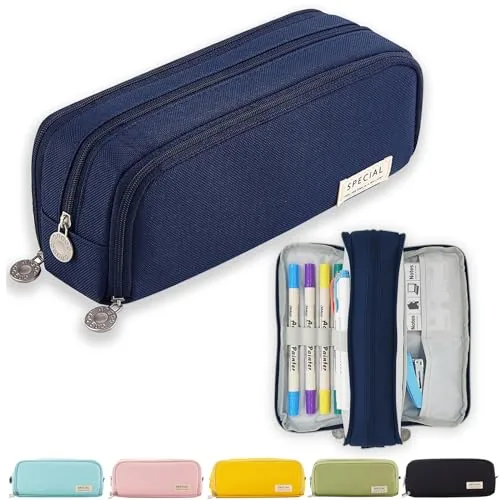 Estuche escolar X SIM FITNESSX azul oscuro, alargado y con varios cierres de cremallera